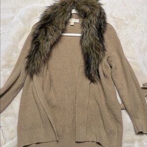 Michael Kors Tan Cardigan with Faux Fur Collar